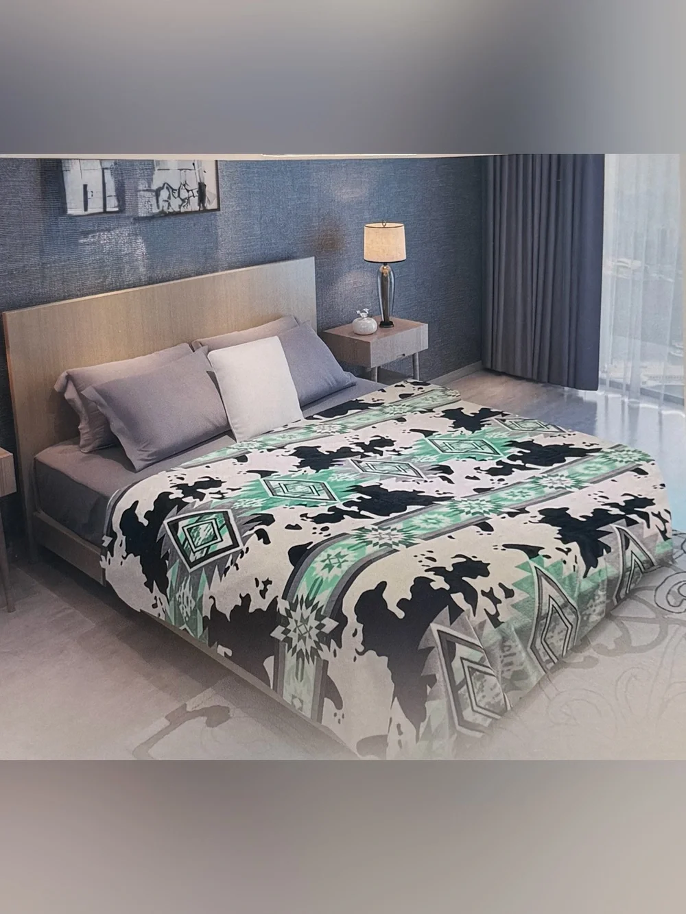New king size flannel blanket cowhide and Aztec Print - Mint & Black and white